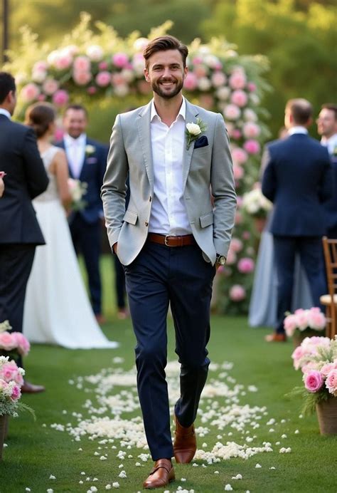 Tematické foto: Šťastný ženích v smart casual outfite bez saka, s úsmevom na svadbe v prírode.