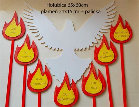 Ilustrácia rôznych symbolov Ducha Svätého ako sú holubica, oheň, voda.