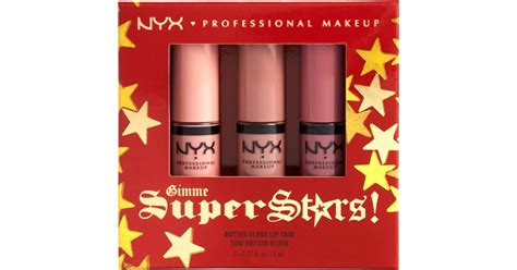 Koláž obsahu adventného kalendára NYX Professional Makeup Gimme SuperStars! s miniatúrami a plnými verziami produktov
