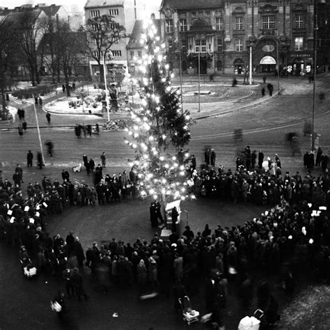 Historické foto: slávnostné rozsvietenie vianočného stromu na Námestí SNP v Bratislave (1925)