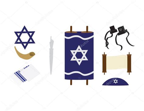Koláž rôznych typov židovských symbolov: Magen David, Mezuza, Kipa a Talit