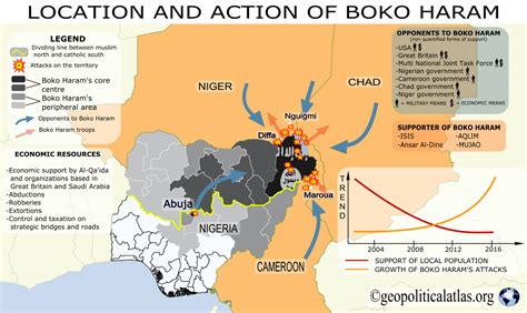 Mapa oblasti pôsobenia Boko Haram s vyznačením Maiduguri