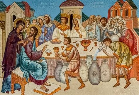 Kreslená ilustrácia: Ježiš mení vodu na víno na svadbe v Káne Galilejskej, alebo vtipná karikatúra rybacej kosti