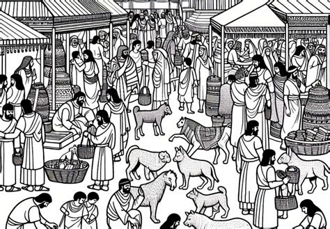Ilustrácia živého betlehema s ľuďmi a zvieratami