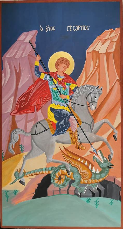 Historická maľba zobrazujúca svätého Juraja ako bojovníka v rytierskom brnení.