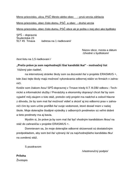 schéma ideálnej štruktúry motivačného listu