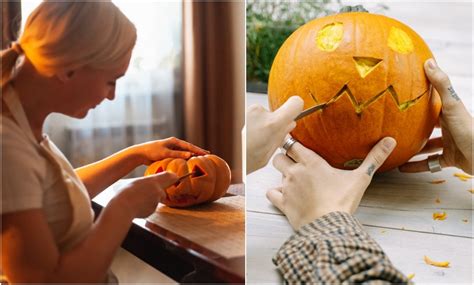 Detské ruky vyrezávajúce tekvicu s halloweenskými motívmi