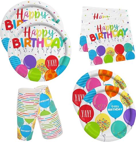 Produktové foto: Party supplies like balloons, confetti, paper plates, and party hats