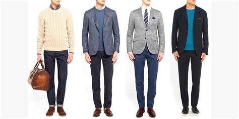 Ukážka outfitu v štýle Smart Casual: sako, džínsy a elegantné topánky.