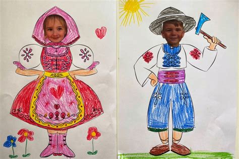 Ilustračná kresba znázorňujúca tradičnú slovenskú šibačku a oblievačku v ľudovom štýle