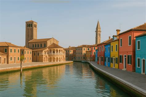 koláž fotografií ostrovov Murano a Burano (farebné domy, sklo, čipka)