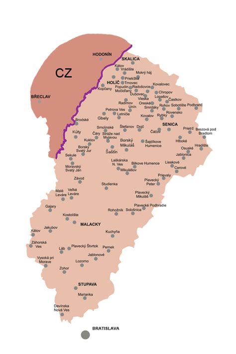 Mapa Záhoria s vyznačeným mestom Holíč a okolím Valov u Mikulčíc
