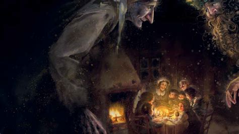 Ilustrácia Ducha budúcich Vianoc ukazujúceho Scroogeovi jeho vlastný náhrobok