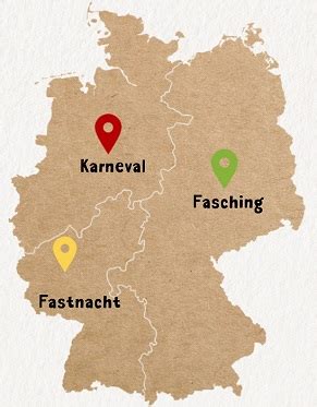 Mapa: Regionálne názvy nemeckého karnevalu (Karneval, Fasching, Fastnacht)