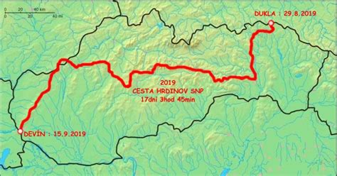 Mapa Cesty hrdinov SNP znázorňujúca trasu od Dukly po Devín