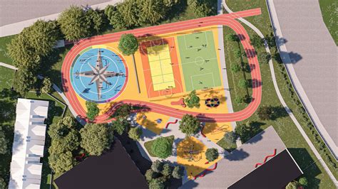 schematický nákres vynoveného školského areálu s budovami a športoviskami