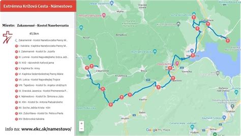 Mapa trasy Extrémnej Krížovej Cesty v Humennom s vyznačenými zastaveniami a profilom prevýšenia.