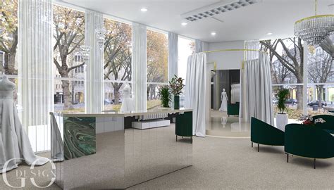 Interiér moderného svadobného salónu s vystavenými svadobnými šatami