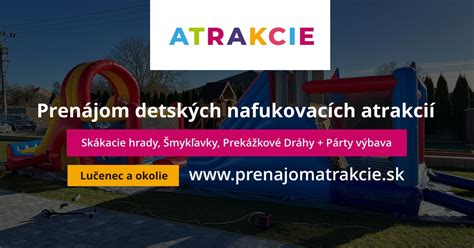 Informatívna infografika zobrazujúca rôzne typy atrakcií (skákacie hrady, šmykľavky, autíčka, maskoti) a proces prenájmu (doprava, montáž, obsluha).