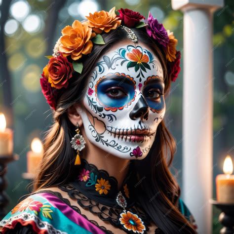 Mexická Calavera Catrina s kvetmi a tradičným líčením