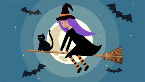 Ilustrácia čarodejnice na metle s čiernou mačkou