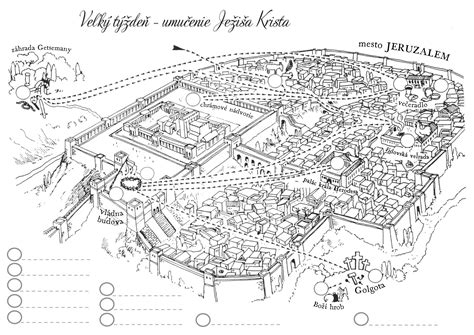Mapa Jeruzalema s vyznačenou polohou Olivovej hory a miestami spojenými s Kristovým nanebovstúpením.
