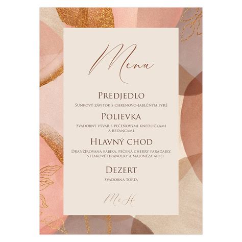 Detailne naaranžované svadobné menu a dekorácia stola so svadobnou tortou