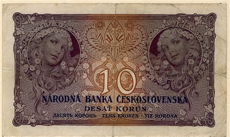 Historical Czechoslovak banknotes and coins by Alfons Mucha