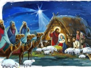 Vianočná ilustrácia znázorňujúca narodenie Ježiša Krista v Betleheme