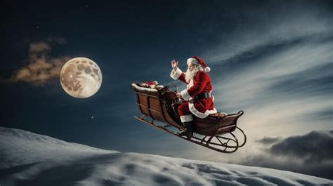 Santa Claus na saniach ťahaných sobmi letí nad zasneženým mestom
