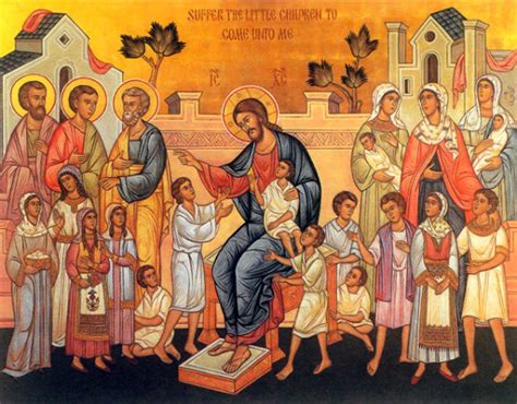 Ilustrácia sviatostí krstu, myropomazania a Eucharistie ako troch pilierov kresťanskej iniciácie.