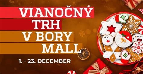Vianočný trh v Bory Mall s vianočným stromčekom a stánkami s pochutinami