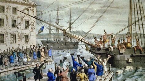 Historická ilustrácia zobrazujúca Bostonské pitie čaju
