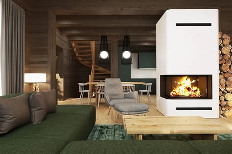 Interiér útulnej chaty s krbom a vianočnou výzdobou