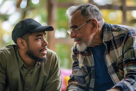 Photo of a senior person talking to a younger person, demonstrating a craft or sharing a story