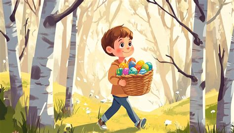 ilustrácia detí s veľkonočnými vajíčkami a korbáčmi v jarnej prírode