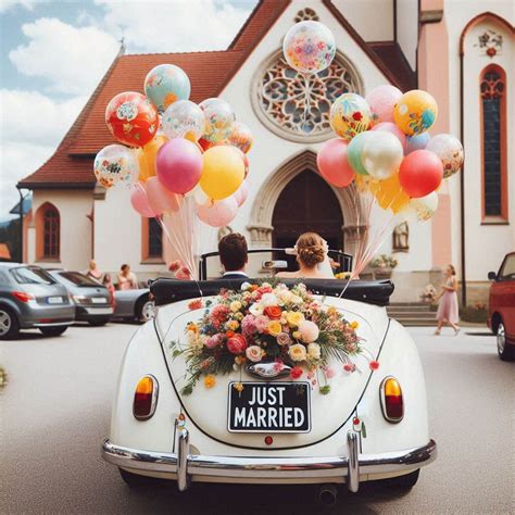 Svadobné auto, ktoré čaká na výzdobu, na pozadí svadobného miesta.
