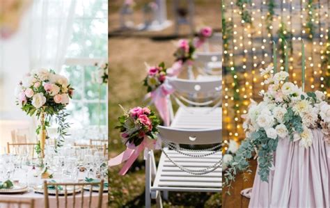 Koláž rôznych štýlov svadobnej výzdoby (boho, greenery, luxusný, romantický)