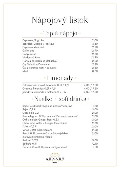 Nápojový lístok pre slávnostný obed v elegantnom prevedení