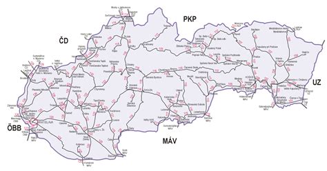 Mapa hlavných železničných ťahov na Slovensku so zvýraznením vyťažených trás