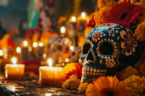 Farebná výzdoba a oltár zo sviatku Día de Muertos v Mexiku