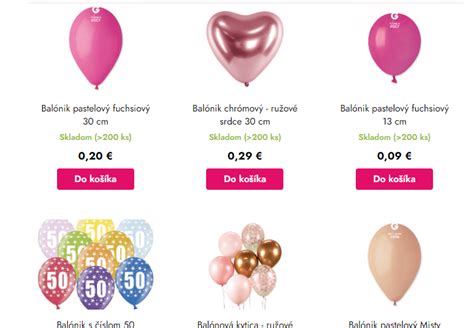 Rôzne typy balónov (latexové, fóliové, metalické) a helium