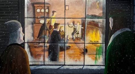 Ilustrácia Ebenezera Scrooga v zasneženom a pochmúrnom viktoriánskom Londýne