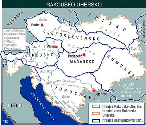 Mapa: dobová mapa Rakúsko-Uhorska a nové štáty po I. svetovej vojne