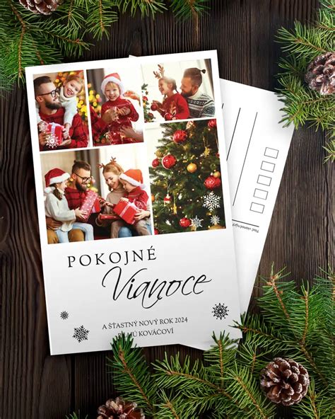 Vianočná pohľadnica s rodinnou fotografiou a dekoráciami