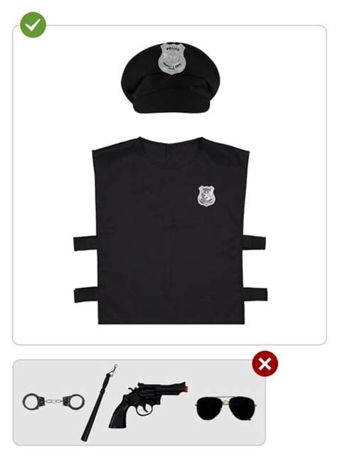Infografika s rozloženými komponentami policajného kostýmu (košeľa, nohavice, čiapka, obušok, putá, vysielačka)