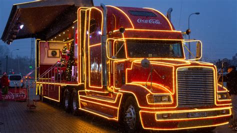 Ilustračné foto ikonického kamiónu Coca-Cola s vianočnou výzdobou a zasneženou krajinou.