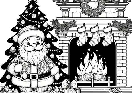 Ilustrácia vianočného dreveného soba pri krbe s vianočným stromčekom