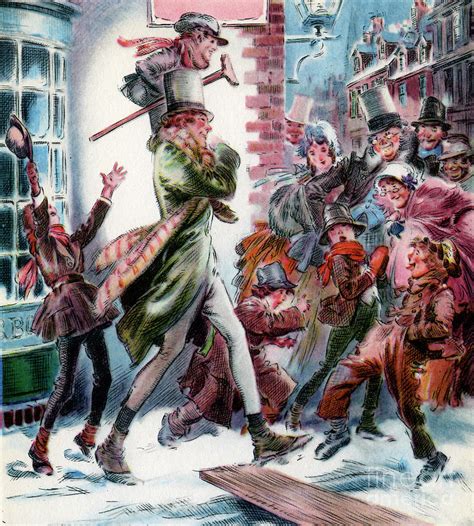 Koláž postáv z Vianočnej koledy: Scrooge, Tiny Tim, Bob Cratchit, Fred a duchovia