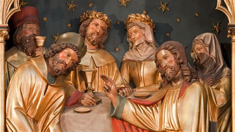 umelecké stvárnenie svadobnej hostiny v Káne Galilejskej s Ježišom, Máriou a služobníkmi
